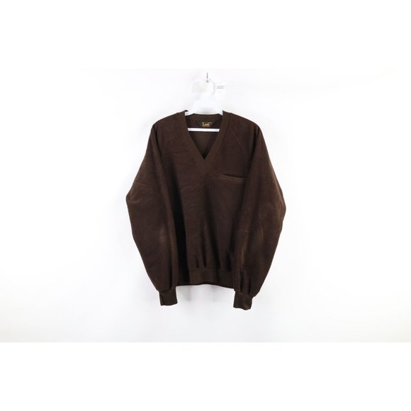 Vintage 70s Streetwear Mens Medium Blank Velour Pocket V-Neck Sweater Brown USA